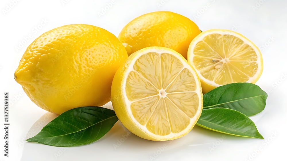 Fresh Whole and Sliced Lemons with Green Leaves on White Background – Juicy Citrus Fruit, Vitamin C Source, Organic Produce, Refreshing Flavor, Healthy Ingredient, Natural Antioxidant. Fresh Whole and Sliced Lemons with Green Leaves on White Background – Juicy Citrus Fruit, Vitamin C Source, Organic Produce, Refreshing Flavor, Healthy Ingredient, Natural Antioxidant.