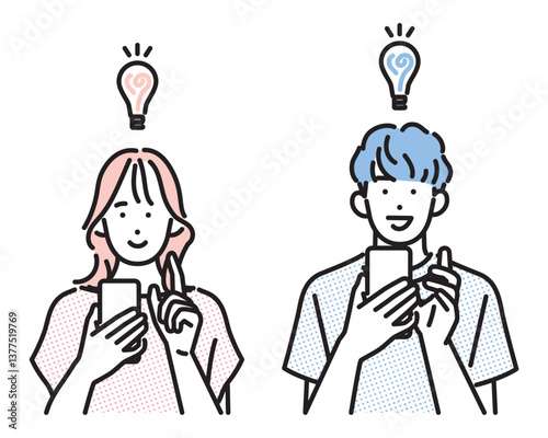 シンプル　イラスト　スマホを見て何かひらめいた若い男性と女性 人物