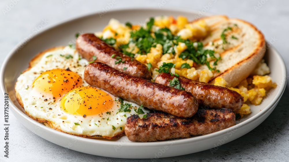Delicious breakfast plate featuring scrambled eggs, sausages, and toast Delicious breakfast plate featuring scrambled eggs, sausages, and toast