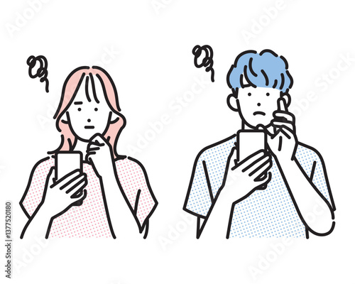 シンプル　イラスト　スマホを見ながらモヤモヤしている若い男性と女性 人物