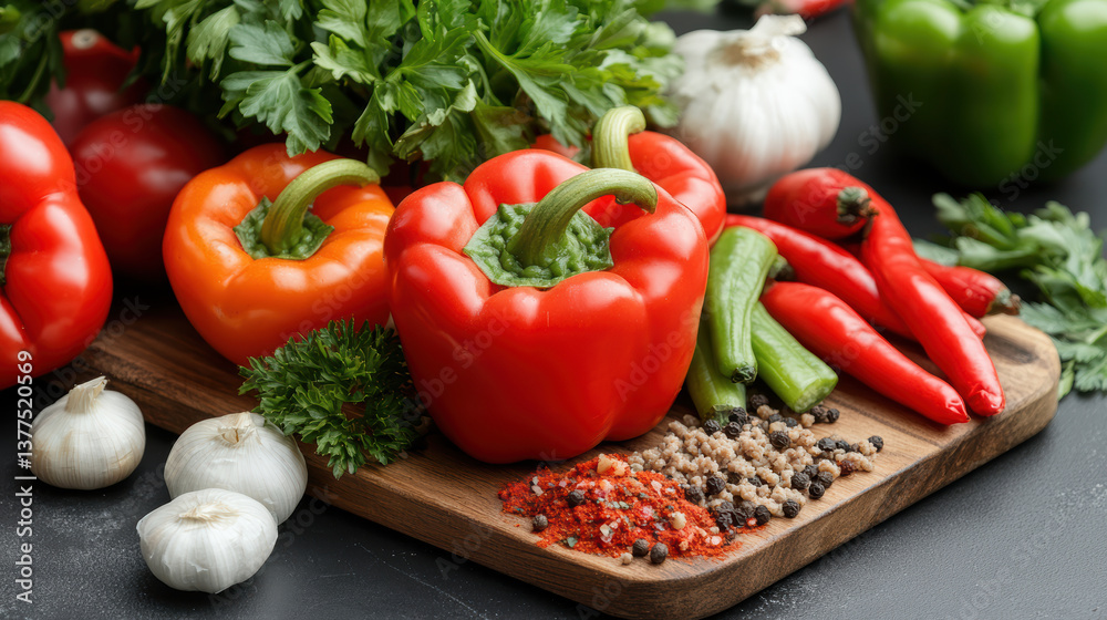 Fresh bell peppers, spices, and herbs create vibrant culinary scene Fresh bell peppers, spices, and herbs create vibrant culinary scene