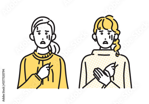 シンプル　イラスト　体調が悪い若い女性 人物セット