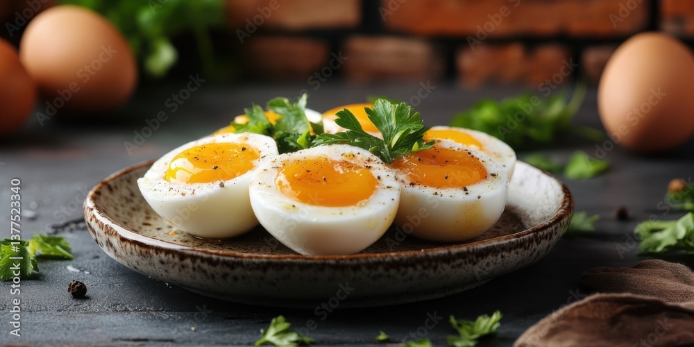 Delicious soft-boiled eggs garnished with herbs served on a rustic plate with fresh ingredients Delicious soft-boiled eggs garnished with herbs served on a rustic plate with fresh ingredients