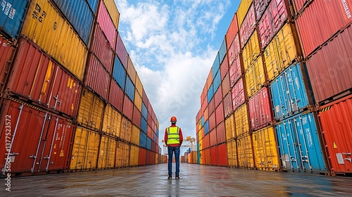 Back view of a logistics coordinator ensuring stock container in a  port