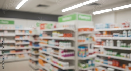 Wallpaper Mural Blurry pharmacy interior soft lighting shelves stocked medicine. AI Generated Torontodigital.ca