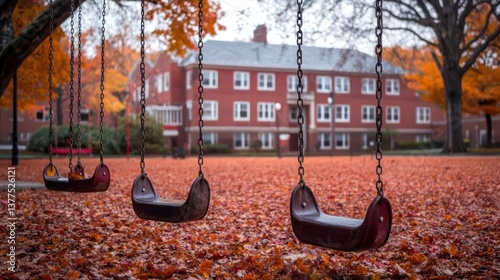 Empty Swings in Autumn Campus Park