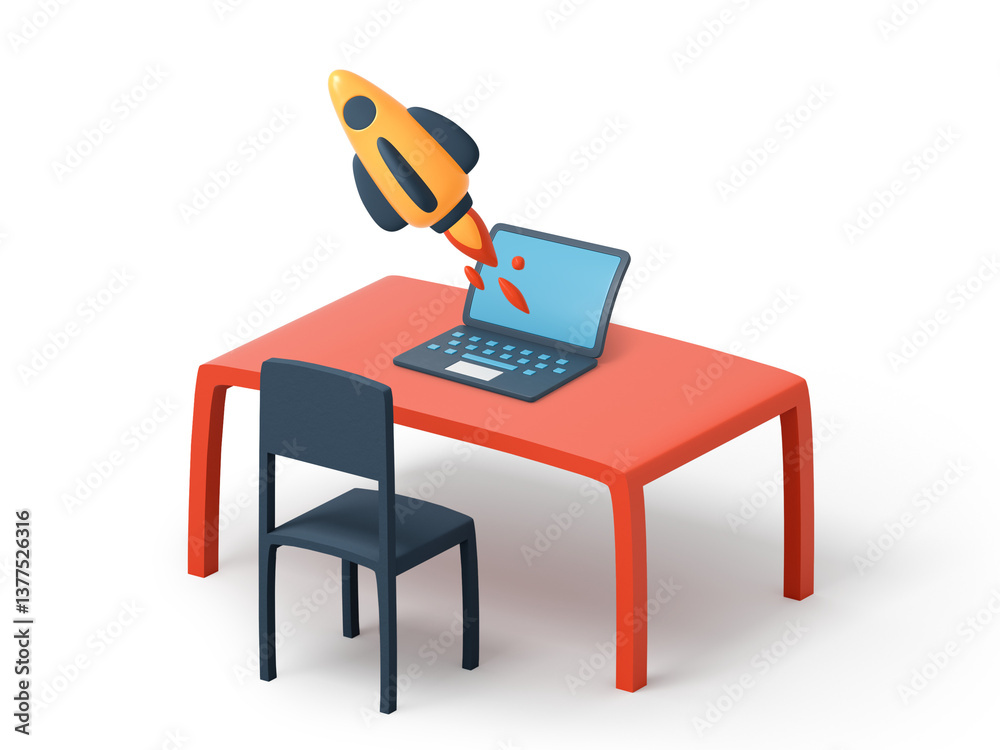 Fototapeta premium Yellow rocket launching from laptop screen
