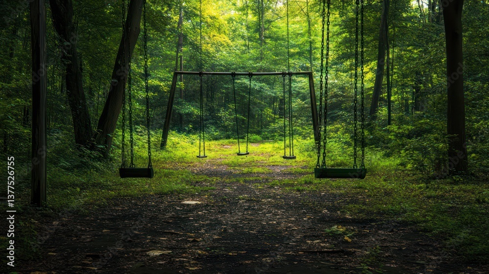 Obraz premium Empty swings in a dense forest path