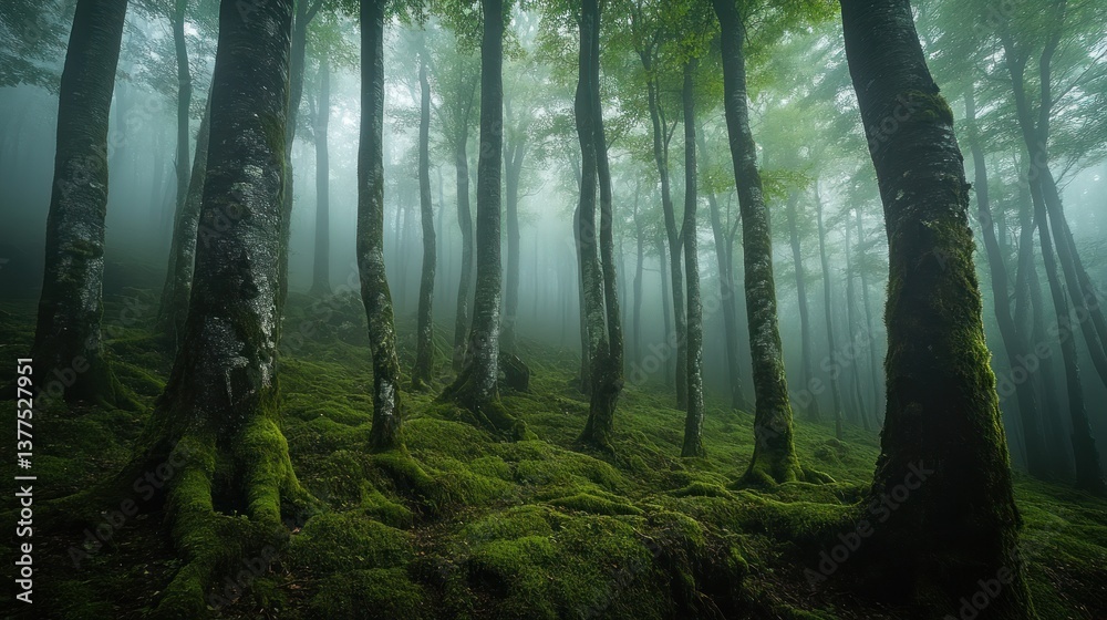 Obraz premium Misty forest, ancient trees, green moss. Ideal for fantasy art, game backgrounds, and nature documentaries. Perfect for creating a mystical and enchanting atmosphere.