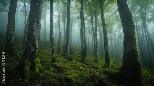 Misty forest, ancient trees, green moss. Ideal for fantasy art, game backgrounds, and nature documentaries. Perfect for creating a mystical and enchanting atmosphere.