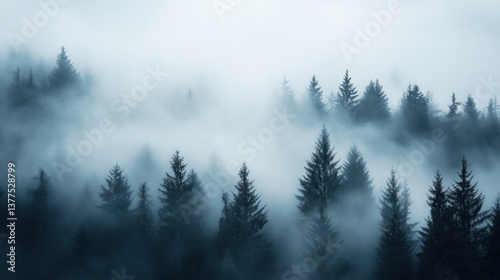 Misty mountain forest. Dense pine trees shrouded in a thick fog. Ideal for fantasy art, game backgrounds, and nature documentaries. Perfect for evoking a sense of wonder.