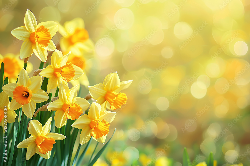 Obraz premium Spring Easter background with beautiful yellow daffodils 