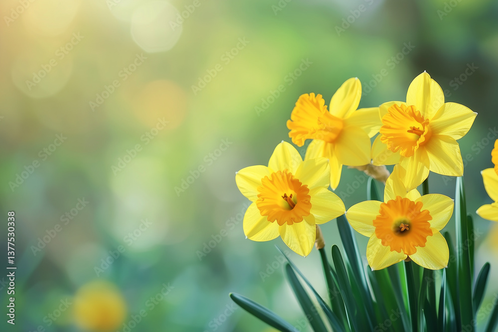Fototapeta premium Spring Easter background with beautiful yellow daffodils 