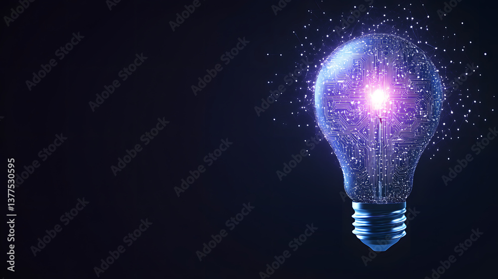 A glowing light bulb with an intricate circuit pattern inside, symbolizing innovation, technology, and the fusion of creativity with science.
A glowing light bulb with an intricate circuit pattern inside, symbolizing innovation, technology, and the fusion of creativity with science.