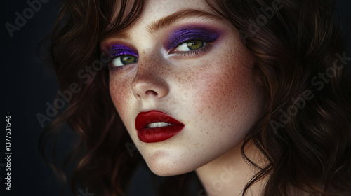 A stunning beauty portrait of a young woman with fair, freckled skin, deep green eyes, and vibrant, metallic purple eyeshadow