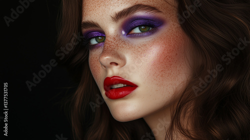 A stunning beauty portrait of a young woman with fair, freckled skin, deep green eyes, and vibrant, metallic purple eyeshadow
