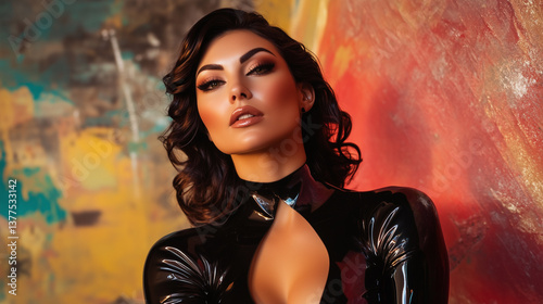 A stunning portrait of a glamorous woman wearing a sleek, form-fitting latex suit, her confident gaze captivating the viewer