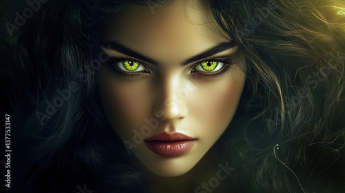 A stunning photorealistic portrait of a woman with hypnotic green eyes that glow with an inner light