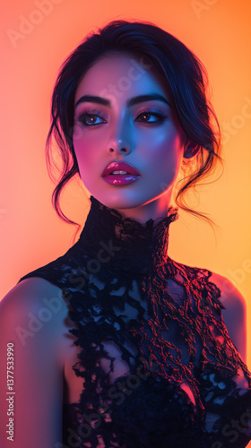 A stunning, ultra-realistic digital fashion editorial portrait of a gorgeous dark-haired woman in a high-neck black lace dress, bathed in a soft yet dramatic pink and orange backlight