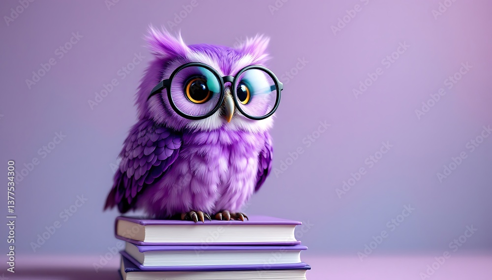 Fototapeta Adorable Purple Owl Wearing Glasses Sitting on Books Education Concept