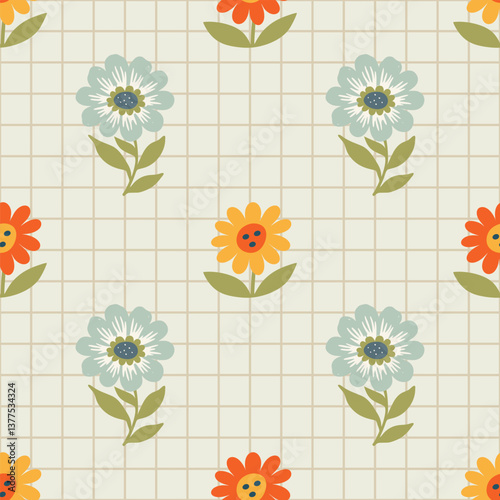 Flowers with Cream Grid Background. Spring Floral Geometric Wallpaper Print, Nature-Inspired Seasonal Texture for Backgrounds