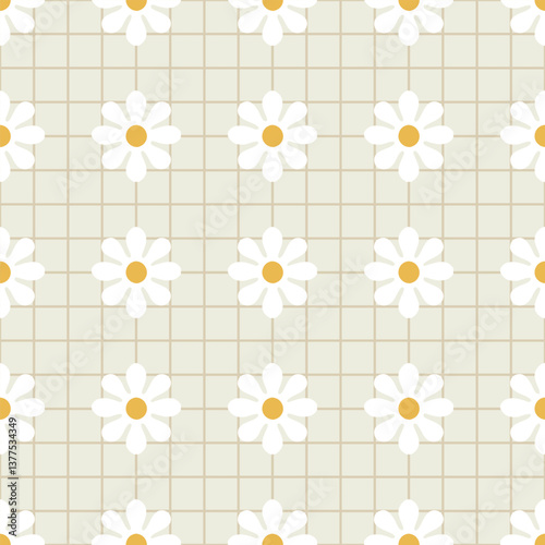 White Daisy Motif with Yellow Centers on Beige Grid. Spring Floral Geometric Wallpaper Print, Nature-Inspired Seasonal Texture for Backgrounds