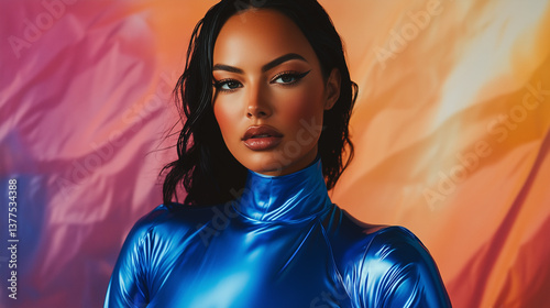A stunning woman in a blue latex fashion suit stares intensely into the camera, her face illuminated by dramatic lighting