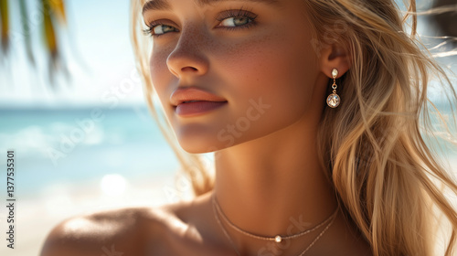 A sun-kissed blonde woman with light features, focusing on the elegance of her neck adorned with a necklace and earrings, captured in an ultra-close-up portrait