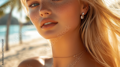 A sun-kissed blonde woman with light features, focusing on the elegance of her neck adorned with a necklace and earrings, captured in an ultra-close-up portrait