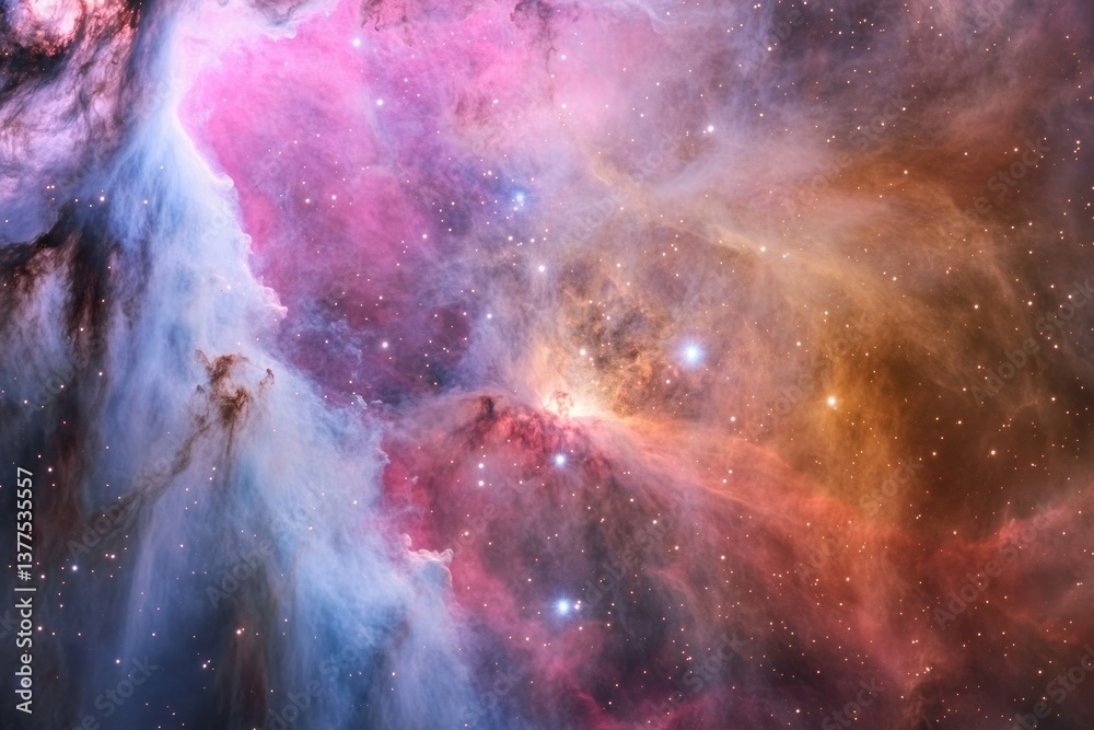 Obraz premium A stunning image of a nebula in space, filled with vibrant colors and twinkling stars in cosmic clouds and gasses.