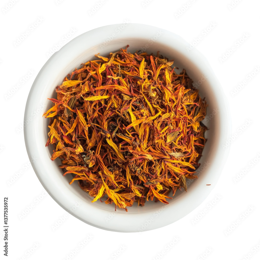 Dried safflower petals displayed in a transparent bowl on a clean transparent background for culinary and decorative uses, dried safflower in transparent bowl on transparent background Dried safflower petals displayed in a transparent bowl on a clean transparent background for culinary and decorative uses, dried safflower in transparent bowl on transparent background