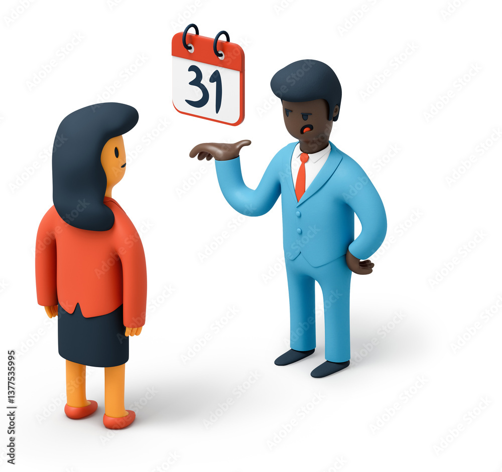 Man in suit reminding employee about an upcoming deadline Man in suit reminding employee about an upcoming deadline