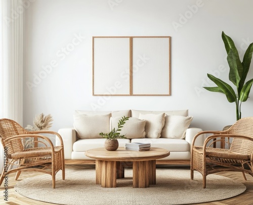 Cozy, modern, minimalist living room.  Light and airy space with natural elements photo