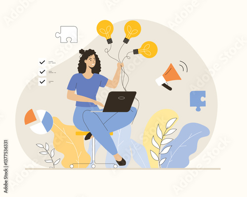 Finding ideas, solutions. Woman with light bulbs, solve complex problem, find answer and creative choice. Flat vector illustration.