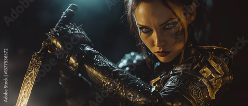 A warrior biker queen emerges from the shadows, her armor adorned with gothic engravings and shimmering mystical symbols