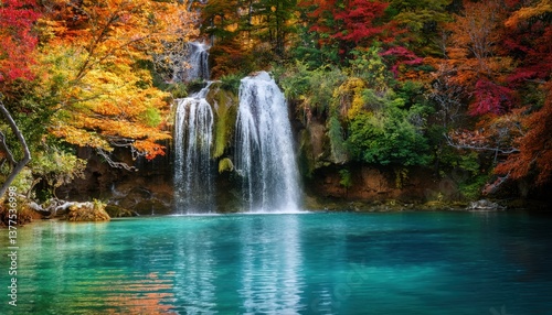 Serene cascading waterfall nestled in the woods flowing into clear lake surrounded by vibrant foliage