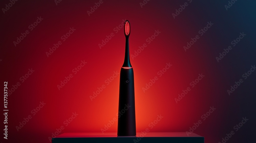 Fototapeta premium Electric toothbrush standing on a pedestal radiating a striking red light in a darkened room