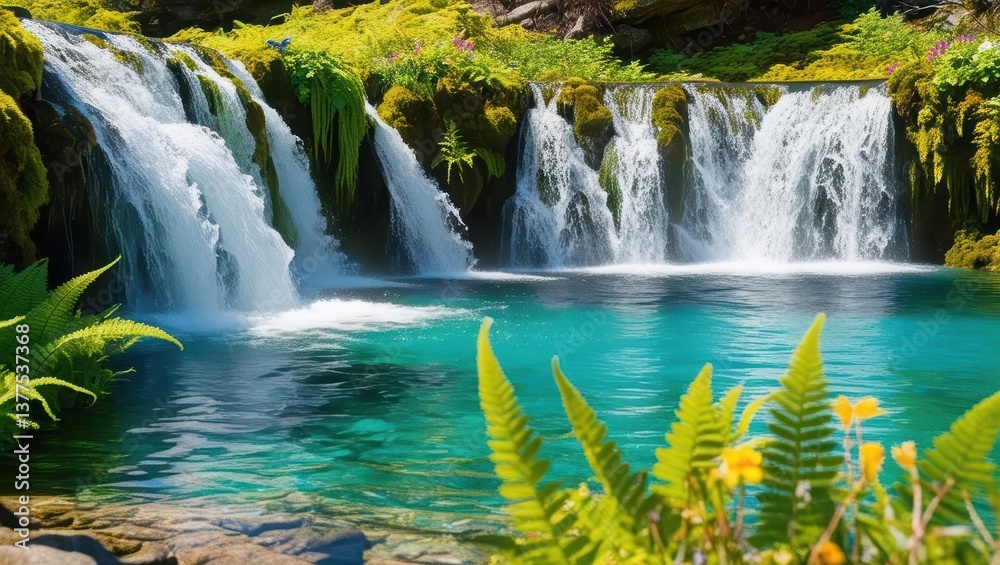 Obraz premium Enchanting waterfall flowing into tranquil lake amidst flourishing forest foliage and natural beauty