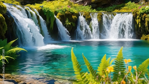 Enchanting waterfall flowing into tranquil lake amidst flourishing forest foliage and natural beauty