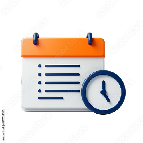 3D Calendar with Clock Icon, Orange and Blue, transparent background. Deadline.