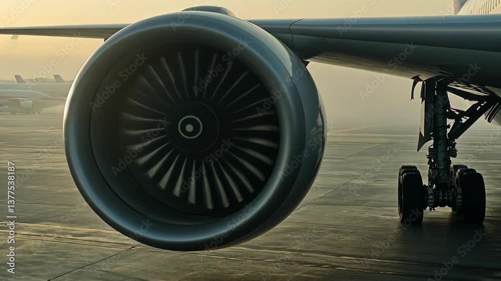 Jet engine close-up at airport during sunrise with warm light illuminating the aircraft
