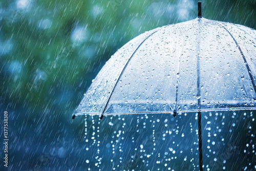 Transparent umbrella under rain against water drops splash background. Rainy weather concept. 
