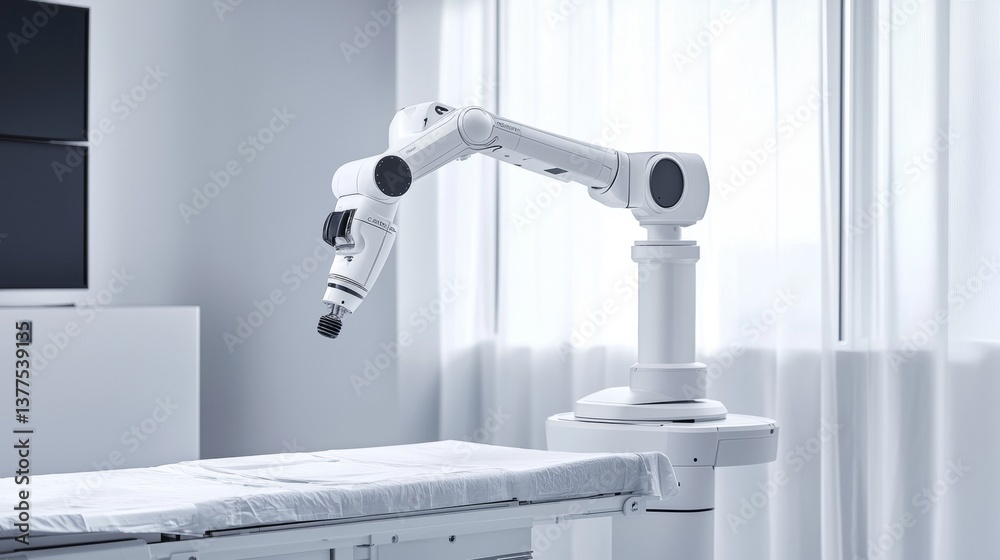 Robotic arm positioned for medical procedures in a serene clinical environment with natural light Robotic arm positioned for medical procedures in a serene clinical environment with natural light