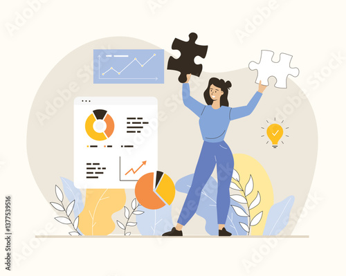 Digital business concept. Woman putting together puzzles. Management, planning, analysis, strategy development online. Flat vector illustration.