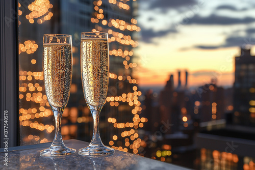 Two champagne glasses against New Years background 