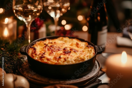 A golden-brown gratin, dauphinois or scalloped potatoes, in a black cast iron dish. It's set on a dark brown table amongst Christmas decorations, wine glasses, and a lit candle