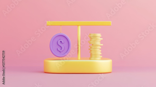 balance scale featuring purple dollar sign coin on one side and stack of coins on other, symbolizing financial balance and wealth management