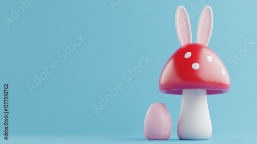 whimsical mushroom with red cap and white spots stands next to pink egg, creating playful and enchanting scene