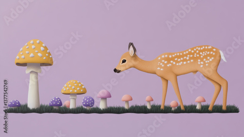 baby deer curiously sniffs mushroom in whimsical setting, surrounded by various mushrooms on soft background