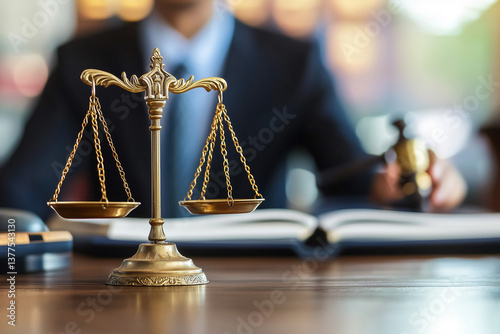 Weight scale of justice, lawyer in background. justice law lawyer attorney scale weight court authority concept 